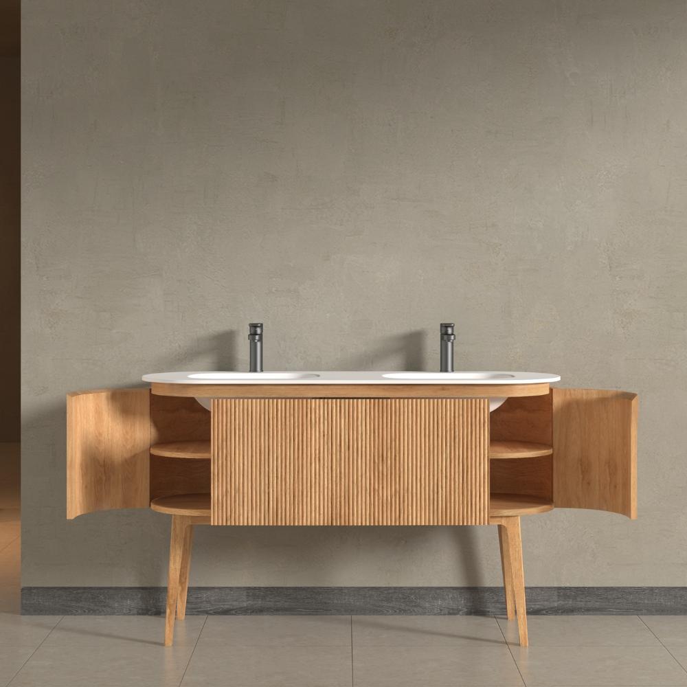 Kensington Solid Wood Floor Standing Dual Oval Basin Fluted Bathroom Vanity Unit With Side Cabinets 1400mm
