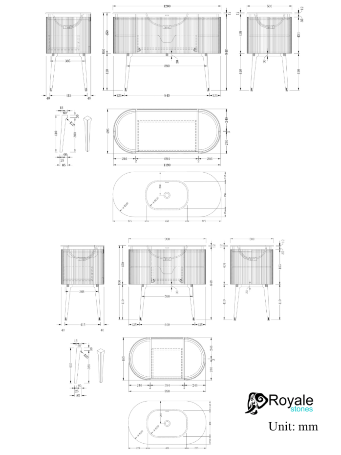Kensington Solid Wood Floor Standing Oval Basin Fluted Bathroom Vanity Unit - 900mm