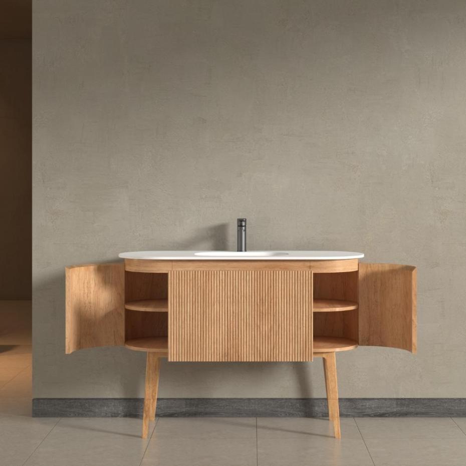 Kensington Solid Wood Floor Standing Oval Basin Fluted Bathroom Vanity Unit - 1200mm