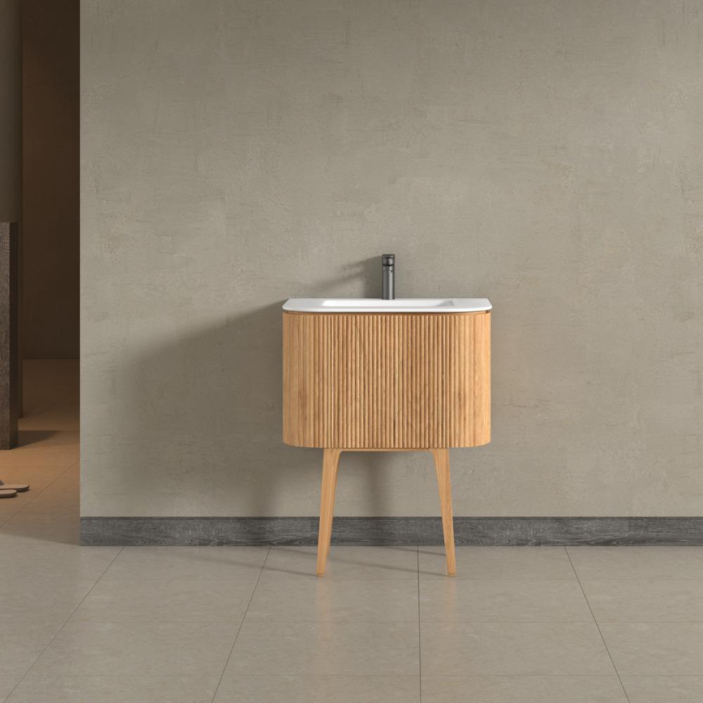 Kensington Solid Wood Floor Standing Rectangular Basin Fluted Bathroom Vanity Unit With Side Cabinets 750mm