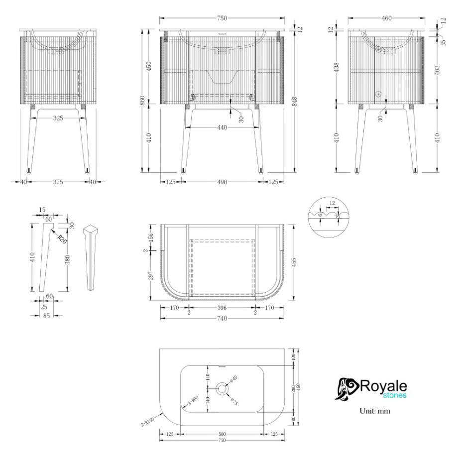 Kensington Solid Wood Floor Standing Rectangular Basin Fluted Bathroom Vanity Unit - 750mm