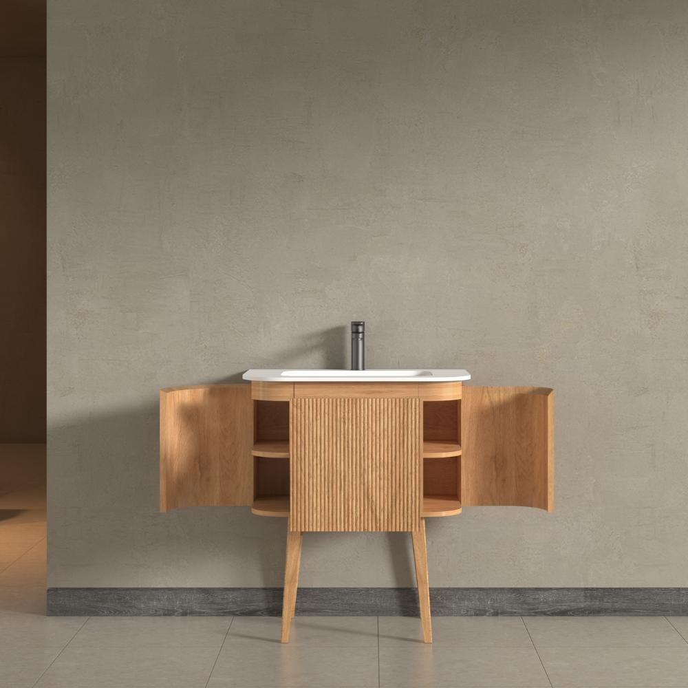 Kensington Solid Wood Floor Standing Rectangular Basin Fluted Bathroom Vanity Unit With Side Cabinets 750mm