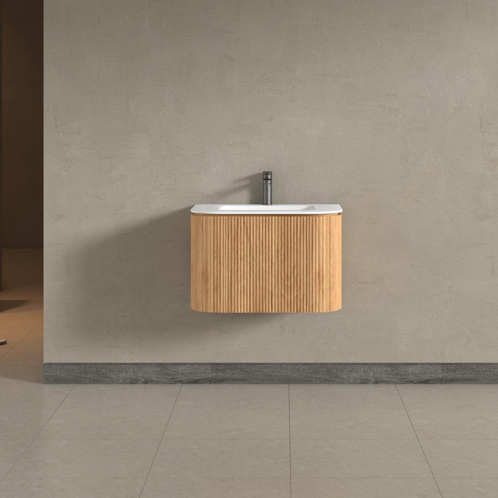 Kensington Solid Wood Wall Hung Rectangular Basin Fluted Bathroom Vanity Unit With Side Cabinets 750mm