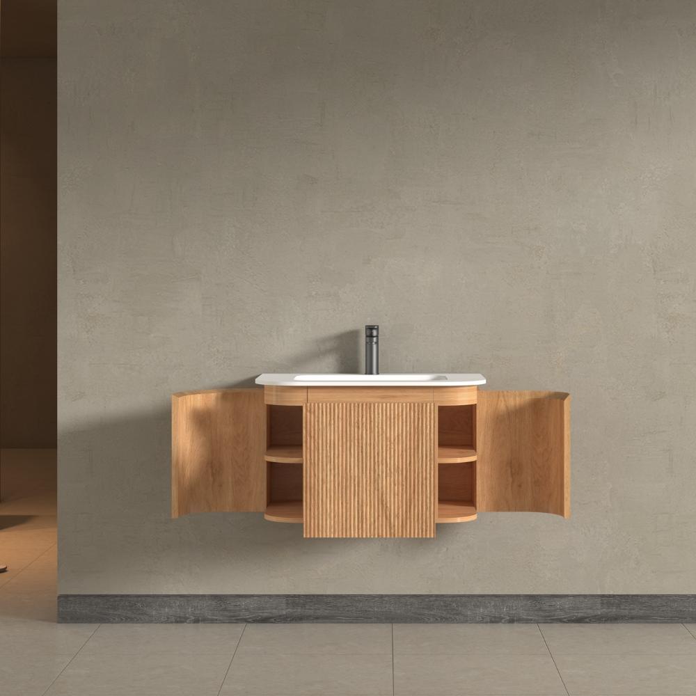 Kensington Solid Wood Wall Hung Rectangular Basin Fluted Bathroom Vanity Unit With Side Cabinets 750mm