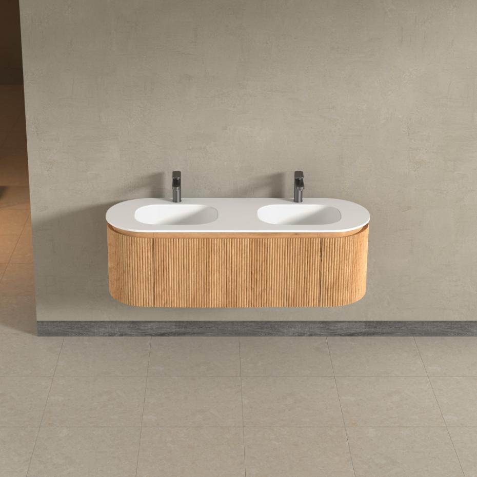 Kensington Solid Wood Wall Mounted Dual Oval Basin Fluted Bathroom Vanity Unit - 1400mm