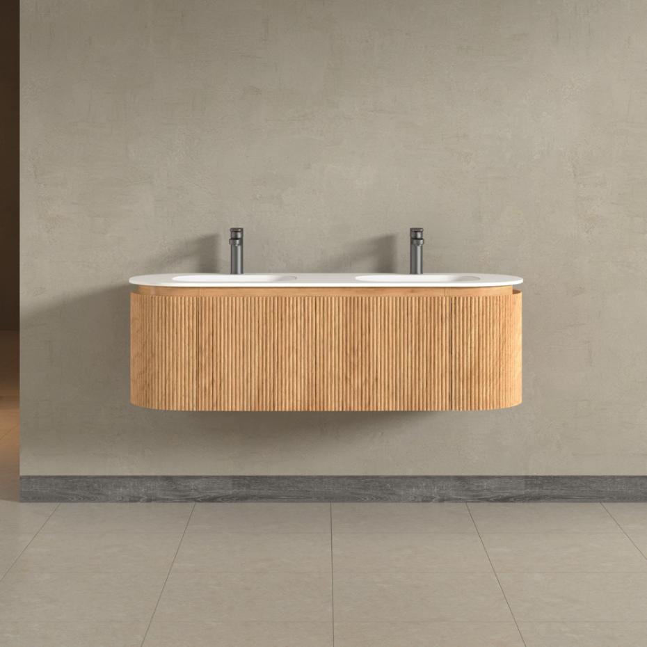 Kensington Solid Wood Wall Mounted Dual Oval Basin Fluted Bathroom Vanity Unit - 1400mm