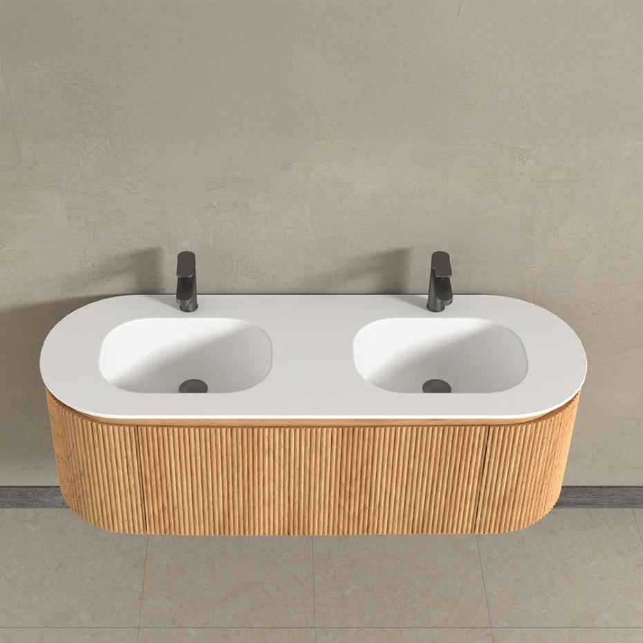 Kensington Solid Wood Wall Mounted Dual Oval Basin Fluted Bathroom Vanity Unit - 1400mm