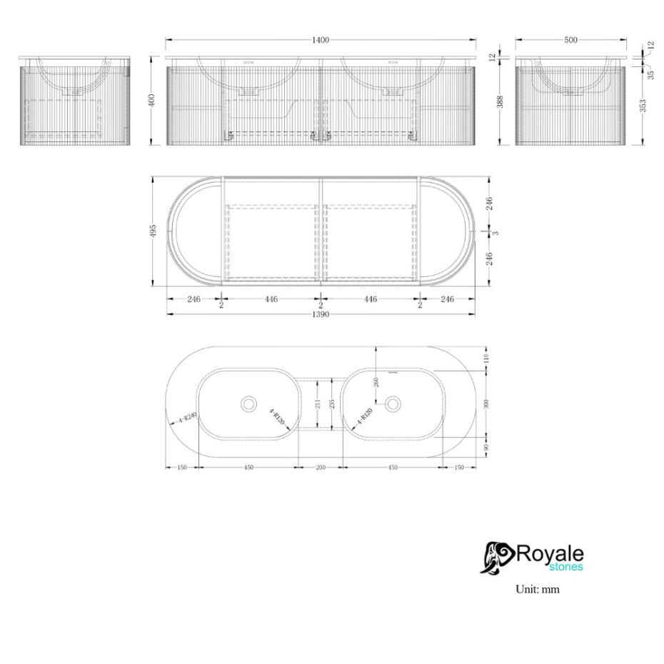 Kensington Solid Wood Wall Mounted Dual Oval Basin Fluted Bathroom Vanity Unit - 1400mm