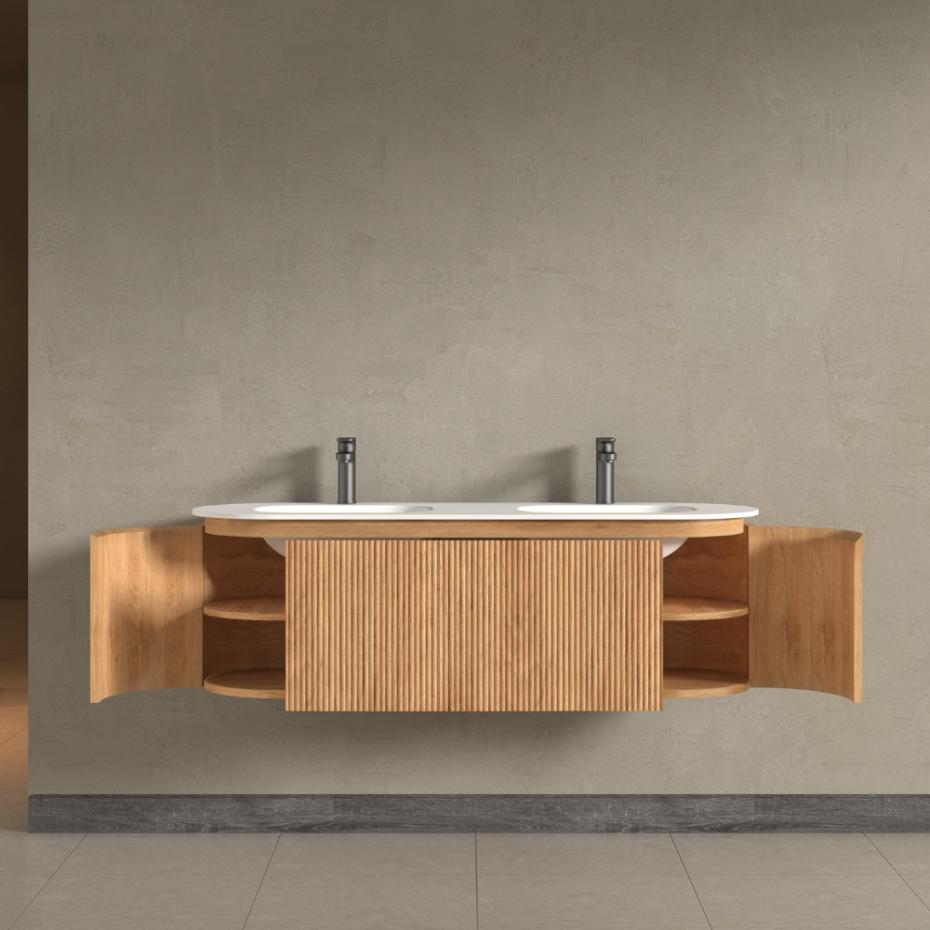 Kensington Solid Wood Wall Mounted Dual Oval Basin Fluted Bathroom Vanity Unit - 1400mm