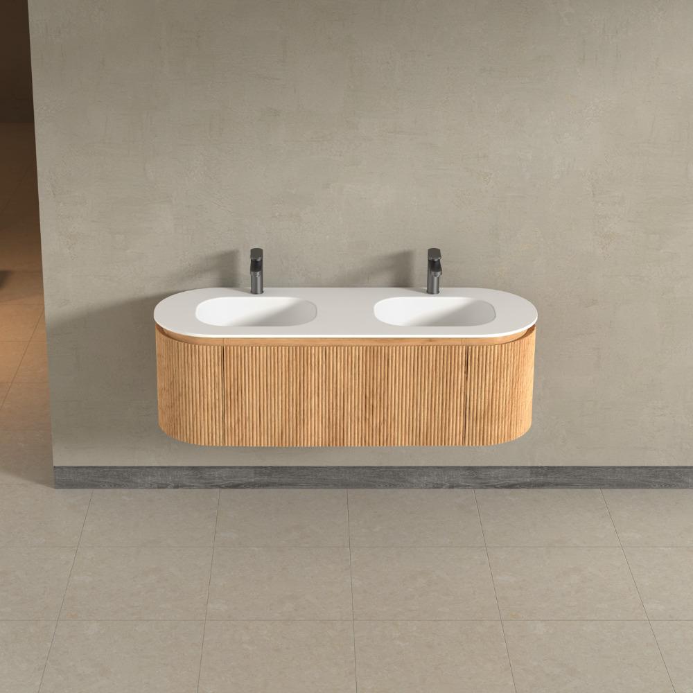 Kensington Solid Wood Wall Mounted Dual Oval Basin Fluted Vanity Unit With Side Cabinets 1400mm.