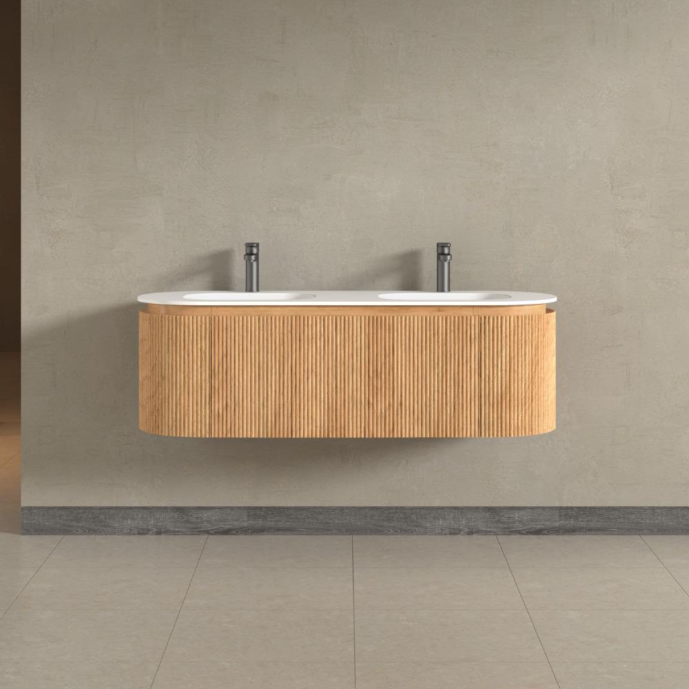 Kensington Solid Wood Wall Mounted Dual Oval Basin Fluted Vanity Unit With Side Cabinets 1400mm.
