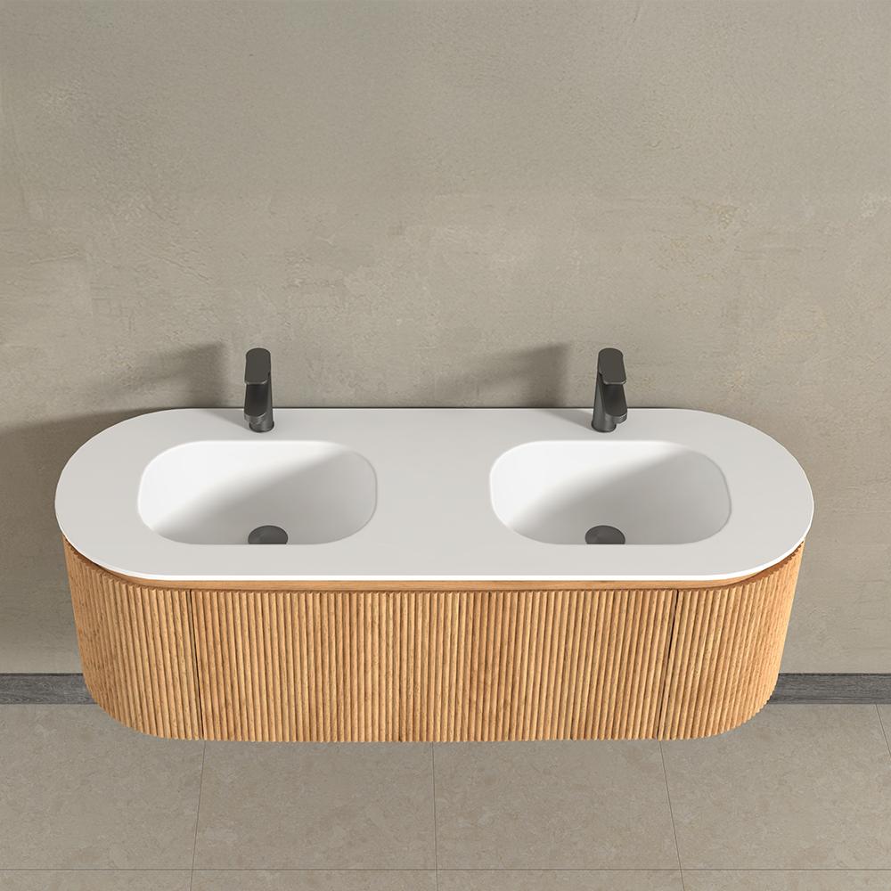 Kensington Solid Wood Wall Mounted Dual Oval Basin Fluted Vanity Unit With Side Cabinets 1400mm.