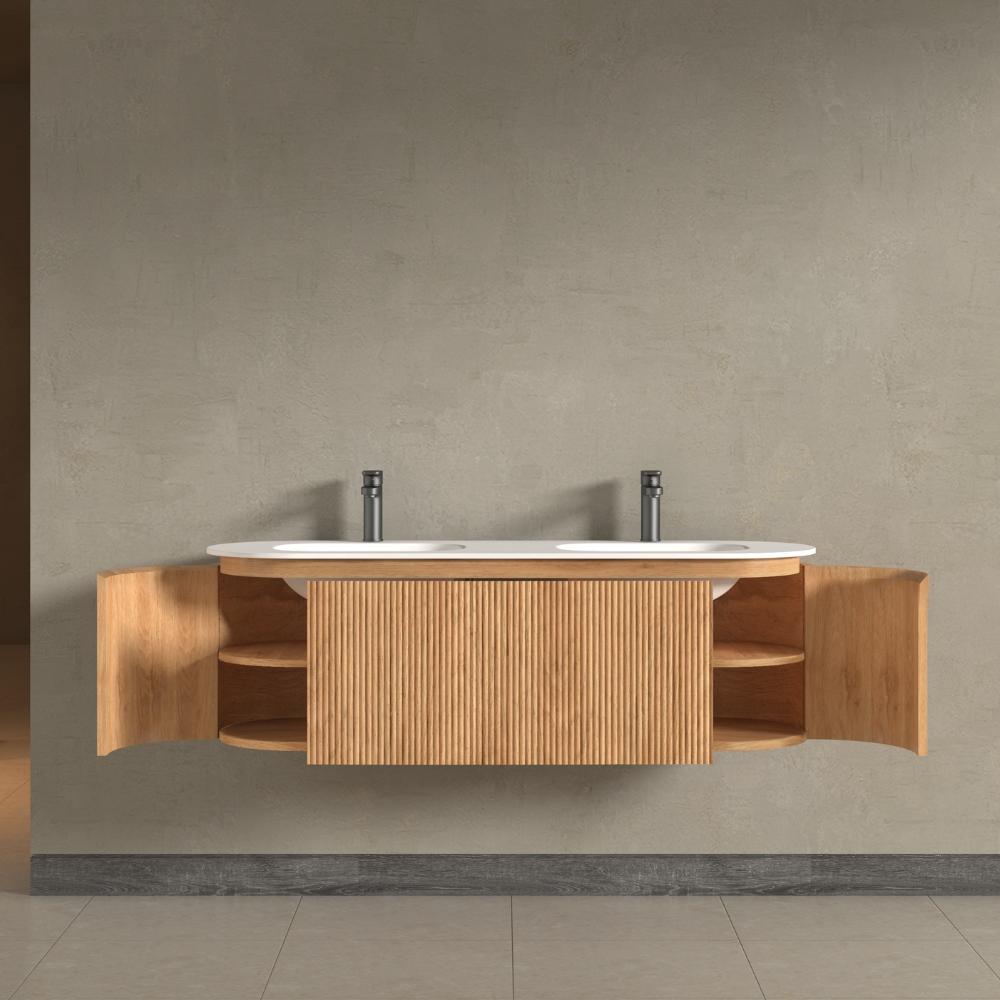 Kensington Solid Wood Wall Mounted Dual Oval Basin Fluted Vanity Unit With Side Cabinets 1400mm.