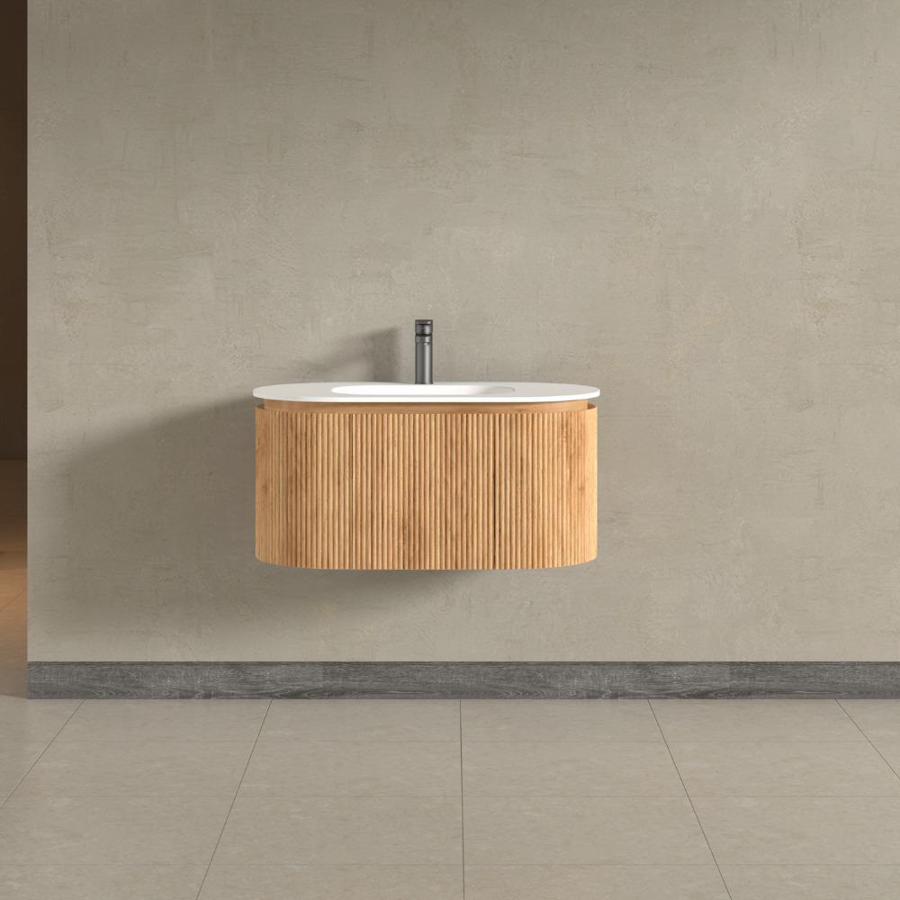 Kensington Solid Wood Wall Mounted Oval Basin Fluted Bathroom Vanity Unit With Side Cabinets 900mm / 1200mm