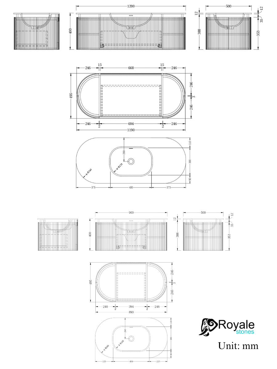 Kensington Solid Wood Wall Mounted Oval Basin Fluted Bathroom Vanity Unit With Side Cabinets 900mm / 1200mm