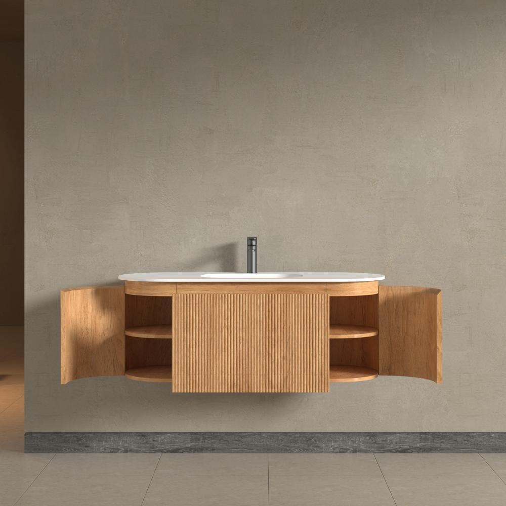 Kensington Solid Wood Wall Mounted Oval Basin Fluted Bathroom Vanity Unit With Side Cabinets 900mm / 1200mm
