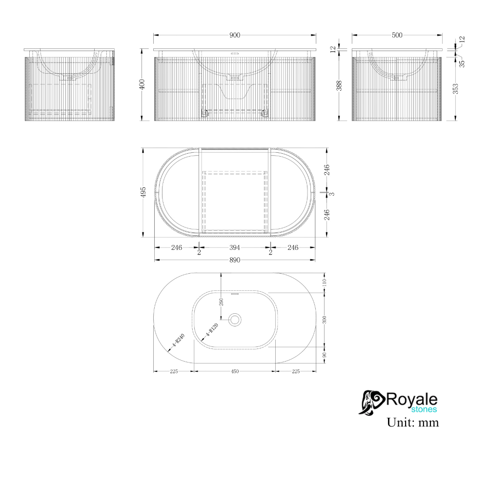 Kensington Solid Wood Wall Mounted Oval Basin Fluted Bathroom Vanity Unit - 900mm