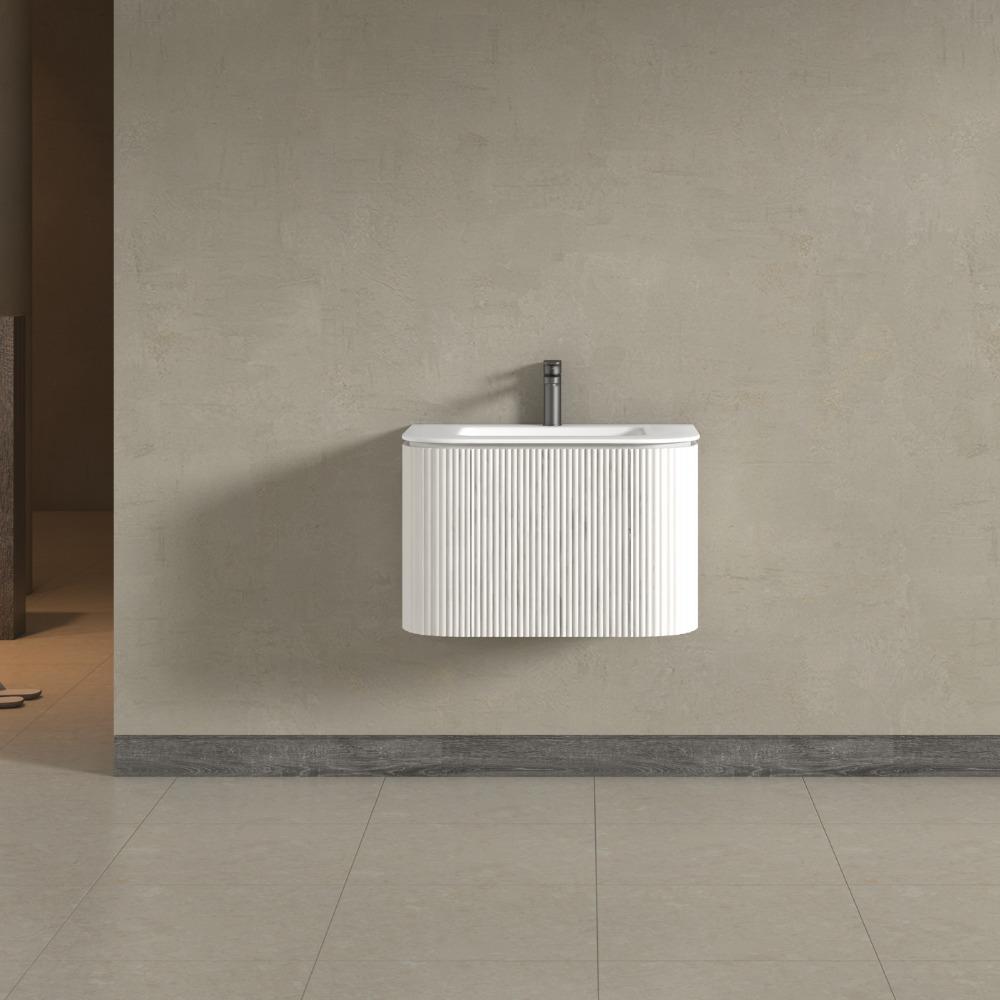 Kensington  White Wall Hung Rectangular Basin Fluted Bathroom Vanity Unit With Side Cabinets 750mm