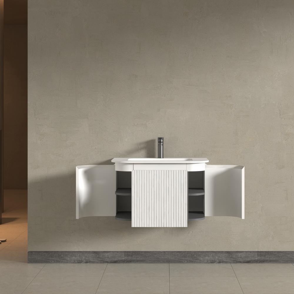 Kensington  White Wall Hung Rectangular Basin Fluted Bathroom Vanity Unit With Side Cabinets 750mm