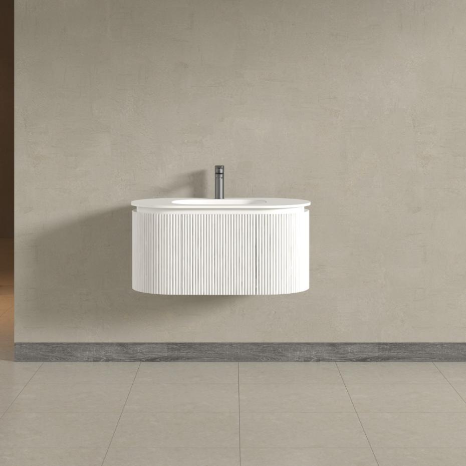 Kensington White Wall Mounted Oval Basin Fluted Bathroom Vanity Unit - 900mm