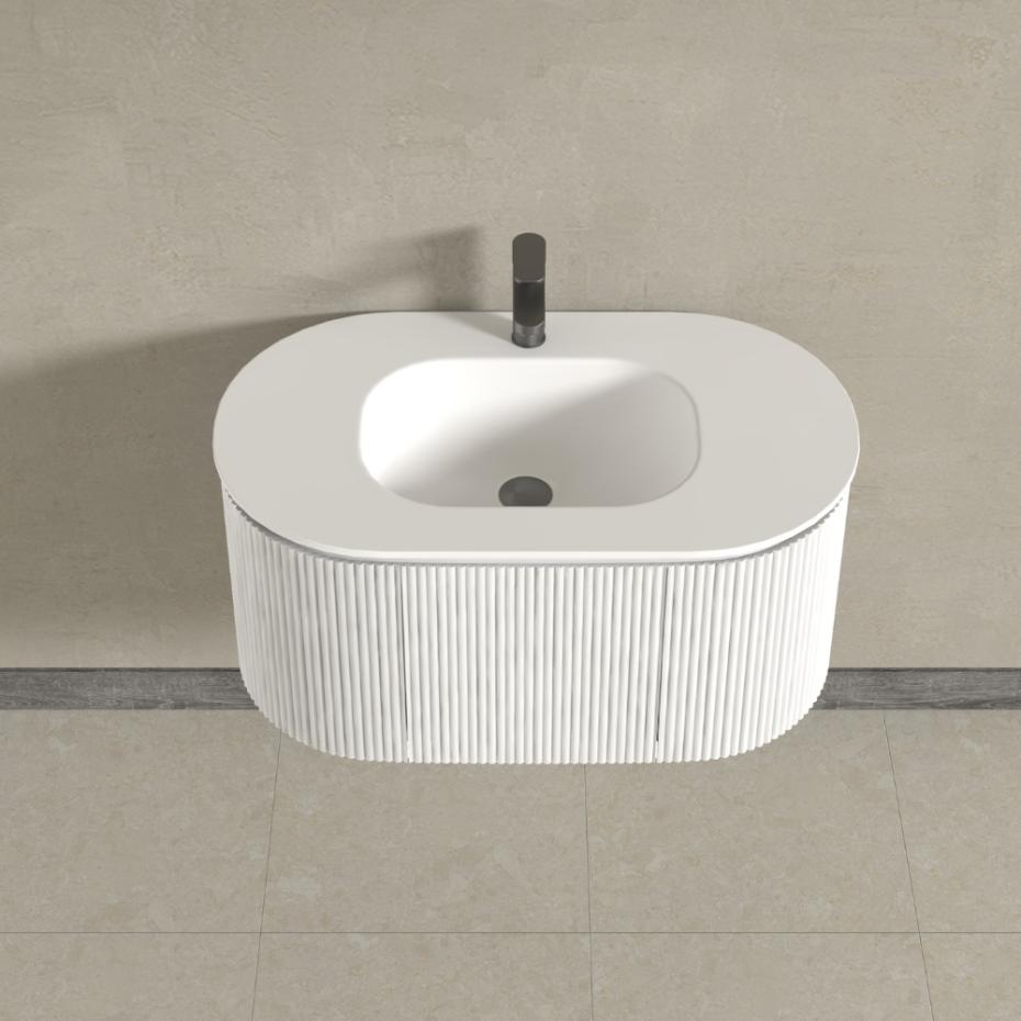 Kensington White Wall Mounted Oval Basin Fluted Bathroom Vanity Unit - 900mm