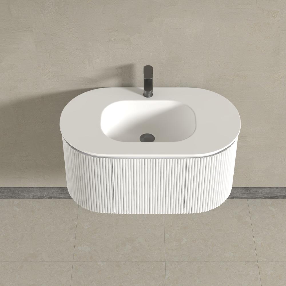 Kensington White Wall Mounted Oval Basin Fluted Bathroom Vanity With Side Cabinets Unit 900mm
