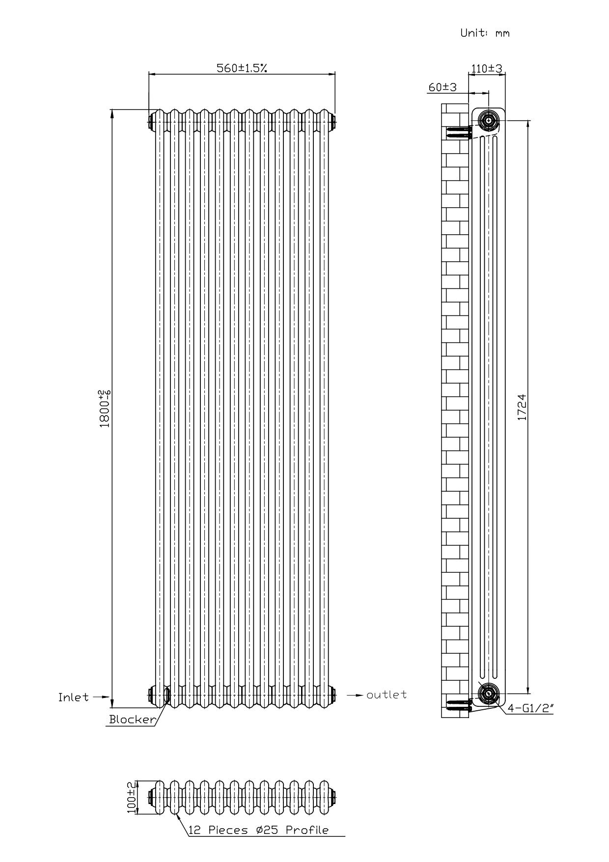 Hampton Traditional White 3 Column Radiator - 560x1800mm Hampton Traditional White 3 Column Radiator - 560x1800mm
