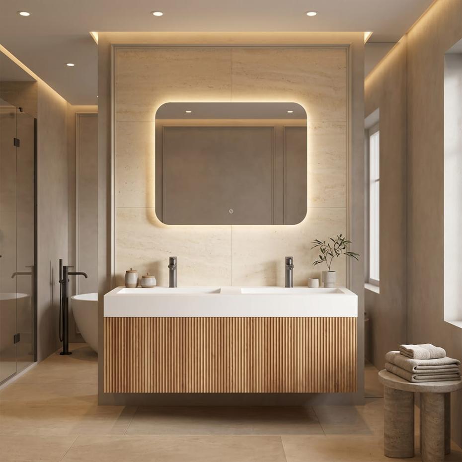 London Solid Wood Fluted Bathroom Double Sink Vanity With Stone Basin - 1200mm