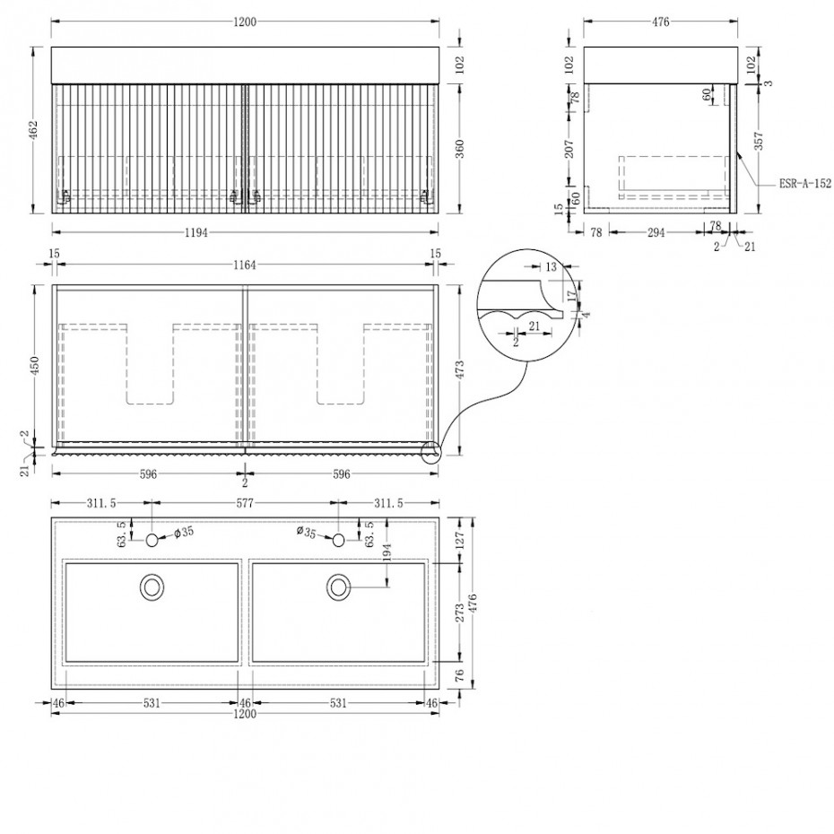 London Solid Wood Fluted Bathroom Double Sink Vanity With Stone Basin - 1200mm