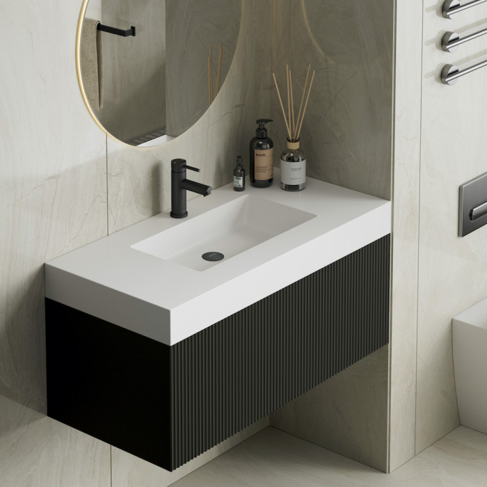 London Matt Black Fluted Bathroom Vanity With Stone Basin - 800mm