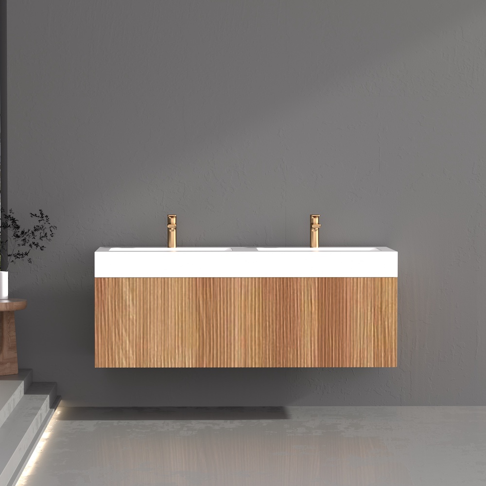 London Solid Wood Fluted Bathroom Double Sink Vanity With Stone Basin - 1200mm
