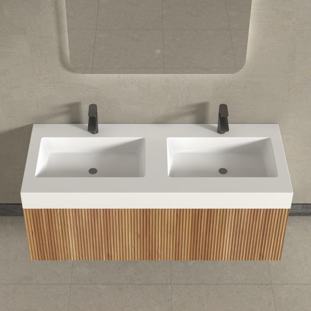 London Solid Wood Fluted Bathroom Double Sink Vanity With Stone Basin - 1200mm