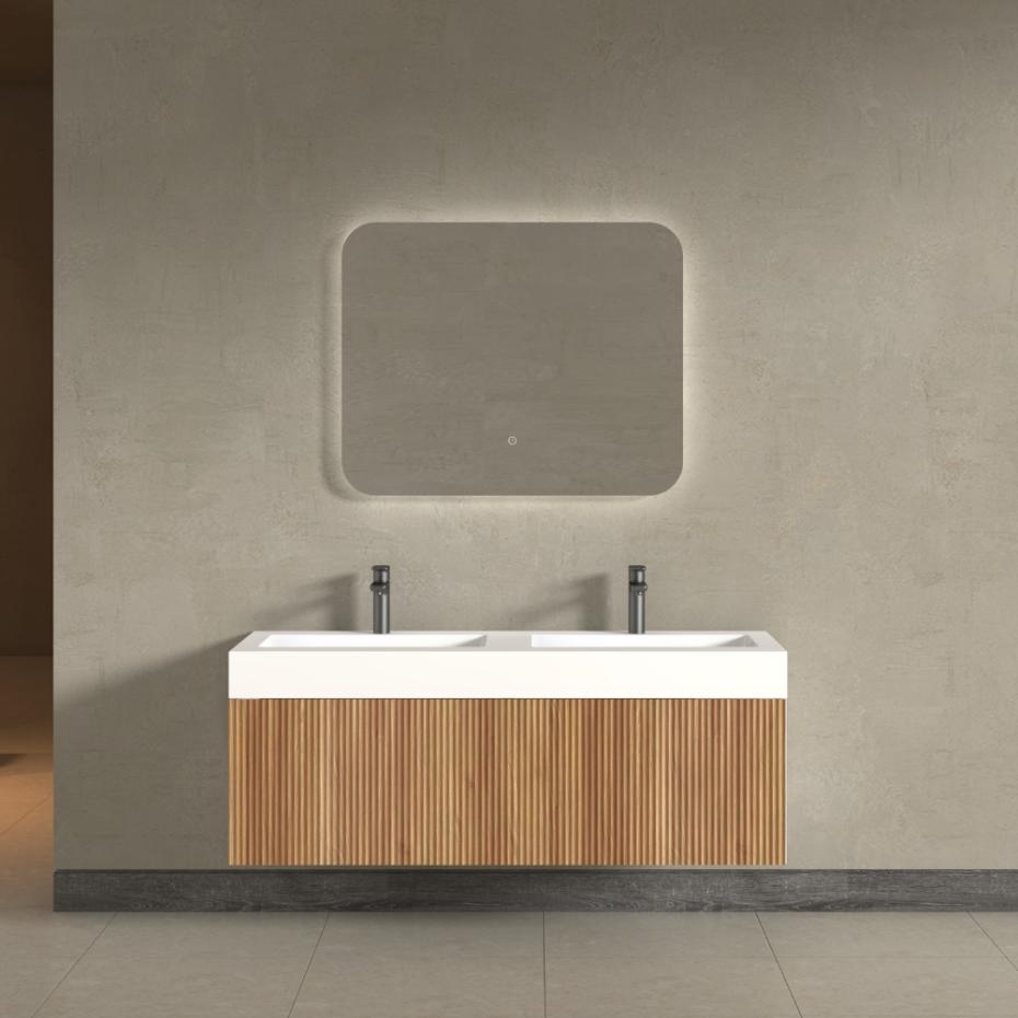 London Solid Wood Fluted Bathroom Double Sink Vanity With Stone Basin - 1200mm