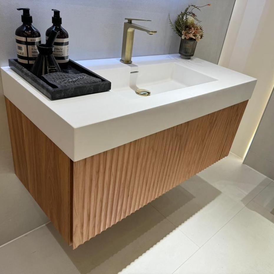 London Solid Wood Fluted Bathroom Vanity With Stone Basin - 800mm