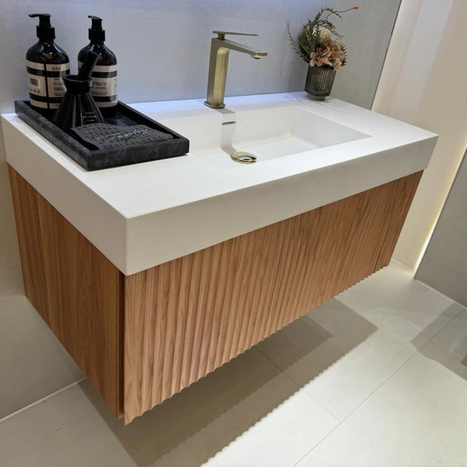 London Solid Wood Fluted Bathroom Vanity With Stone Basin - 900mm