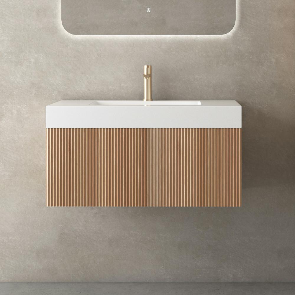 London Solid Wood Fluted Bathroom Vanity With Stone Basin - 600mm