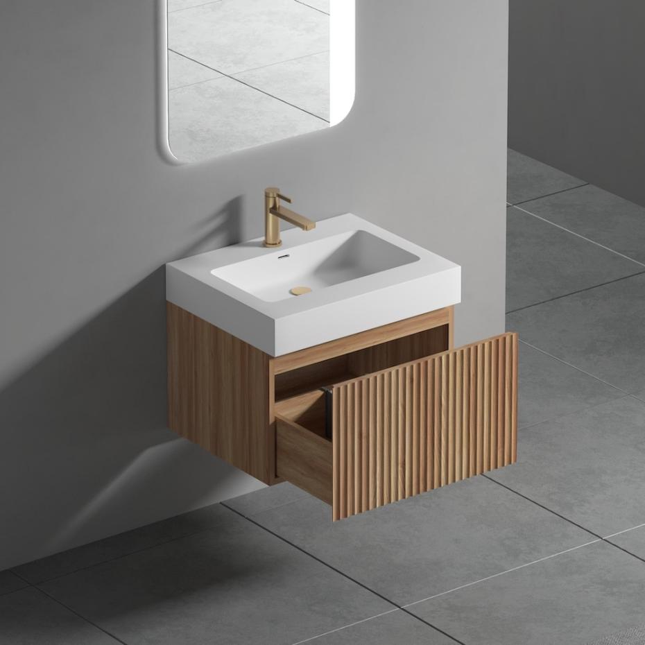 London Solid Wood Fluted Bathroom Vanity With Stone Basin - 600mm
