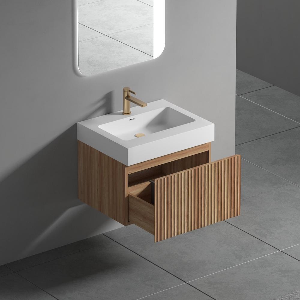 London Solid Wood Fluted Bathroom Vanity With Stone Basin - 600mm London Solid Wood Fluted Bathroom Vanity With Stone Basin - 600mm
