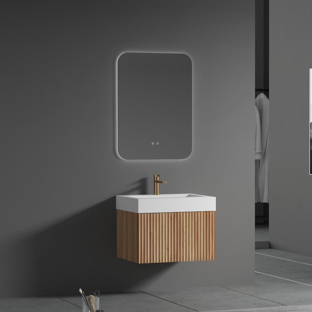 London Solid Wood Fluted Bathroom Vanity With Stone Basin - 600mm London Solid Wood Fluted Bathroom Vanity With Stone Basin - 600mm