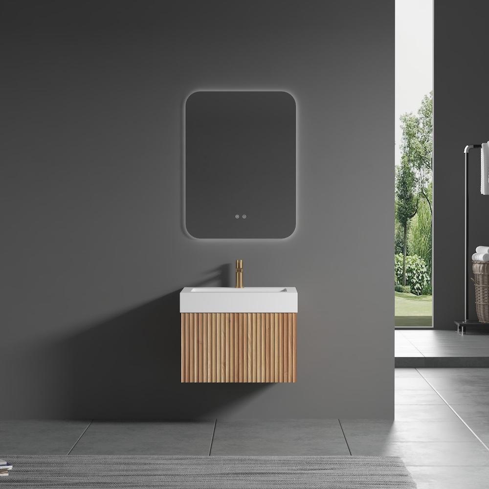 London Solid Wood Fluted Bathroom Vanity With Stone Basin - 600mm London Solid Wood Fluted Bathroom Vanity With Stone Basin - 600mm