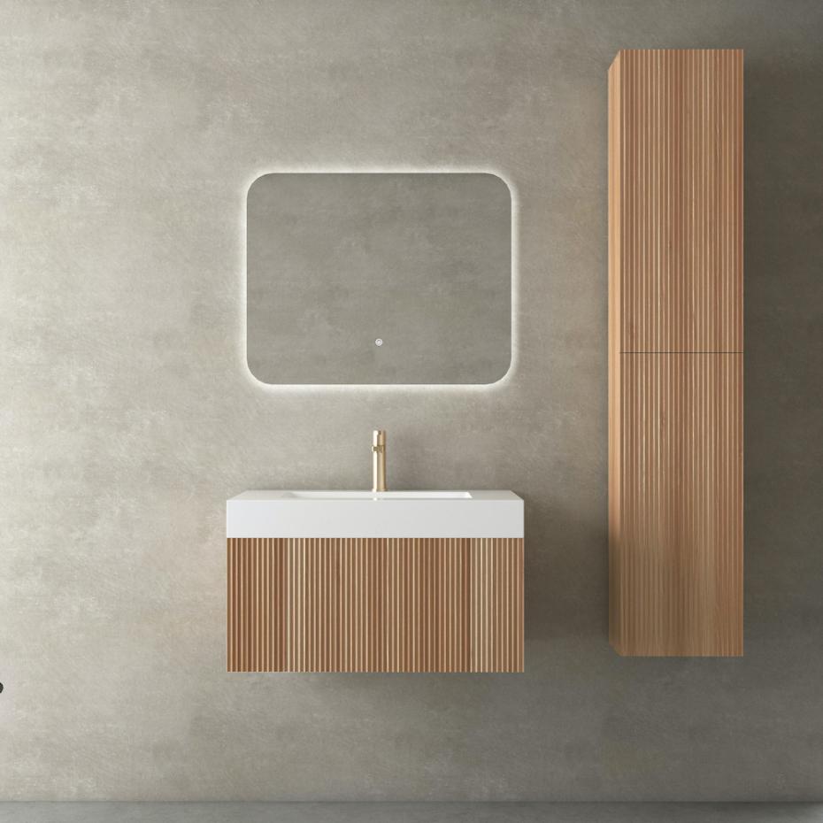 London Solid Wood Fluted Bathroom Vanity With Stone Basin - 900mm
