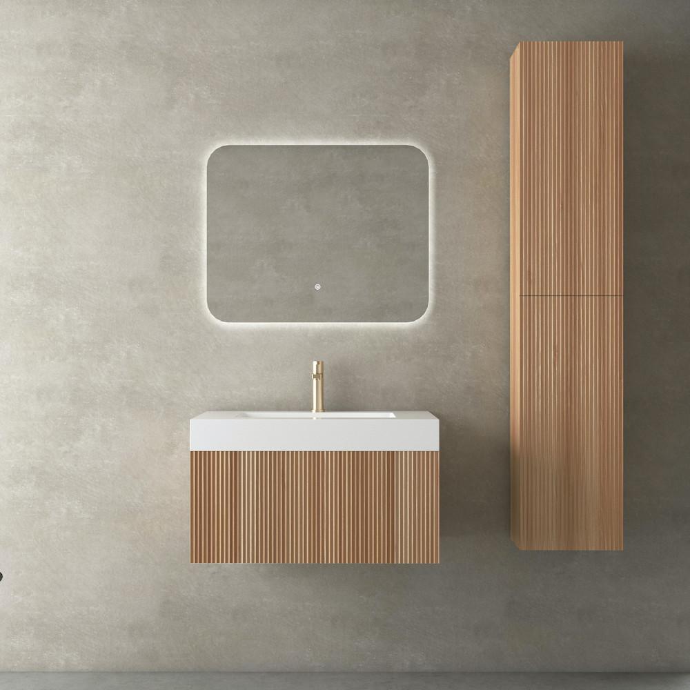 London Solid Wood Fluted Bathroom Vanity With Stone Basin - 600mm