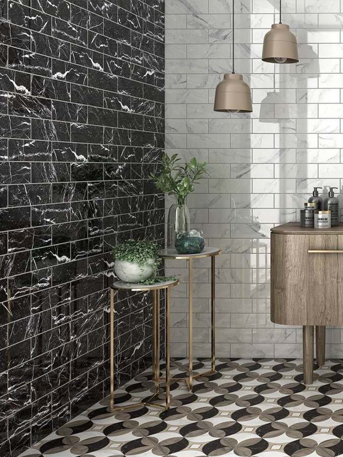 Marquina Black Marble Brick Effect Tile - 75x225mm