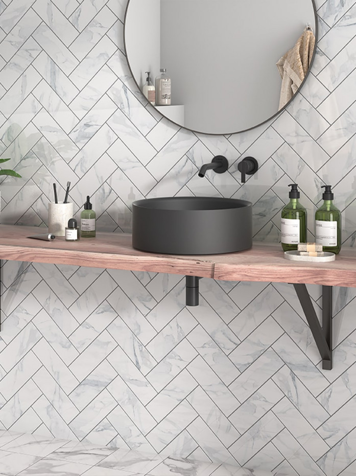 Marquina White Marble Brick Effect Tile - 75x225mm