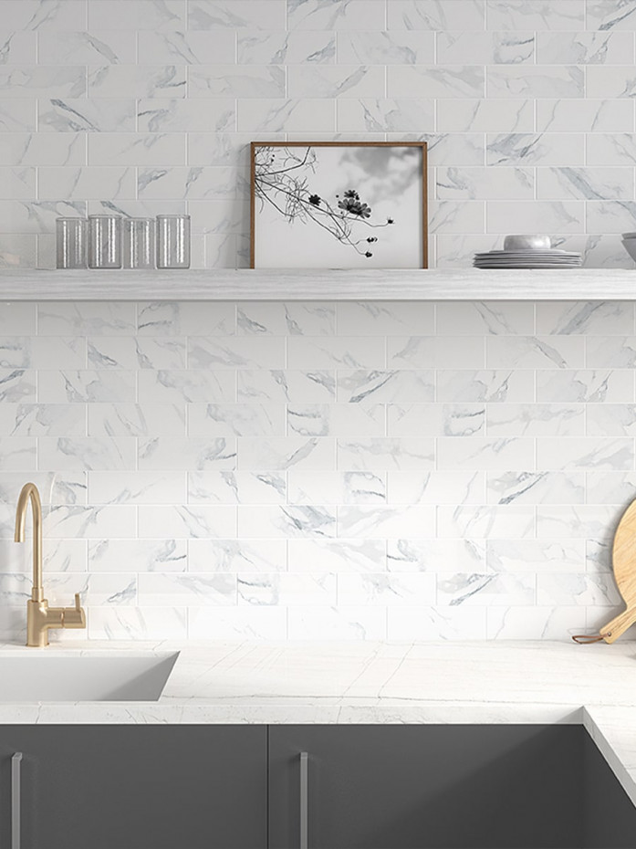 Marquina White Marble Brick Effect Tile - 75x225mm