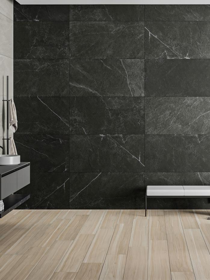 Mythe Black Slate Effect Non Slip Porcelain Tile - 600x300mm
