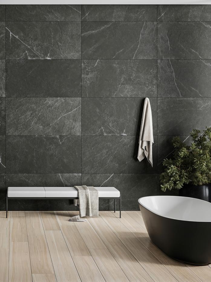 Mythe Black Slate Effect Non Slip Porcelain Tile - 600x300mm
