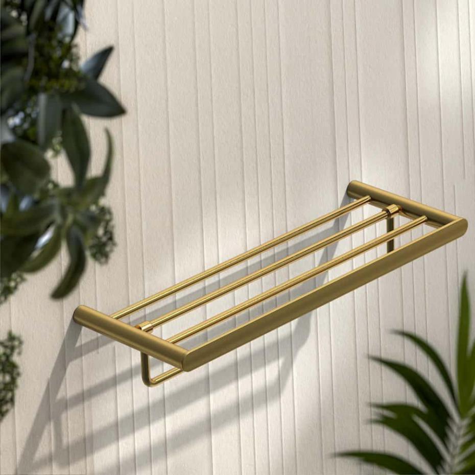 Porto Brushed Gold Towel Shelf With Rail 600mm