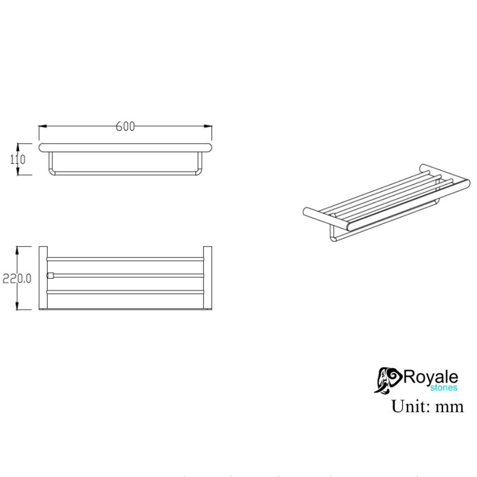 Porto Brushed Gold Towel Shelf With Rail 600mm