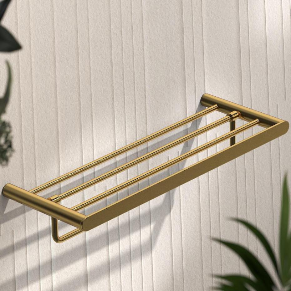 Porto Brushed Gold Towel Shelf With Rail 600mm